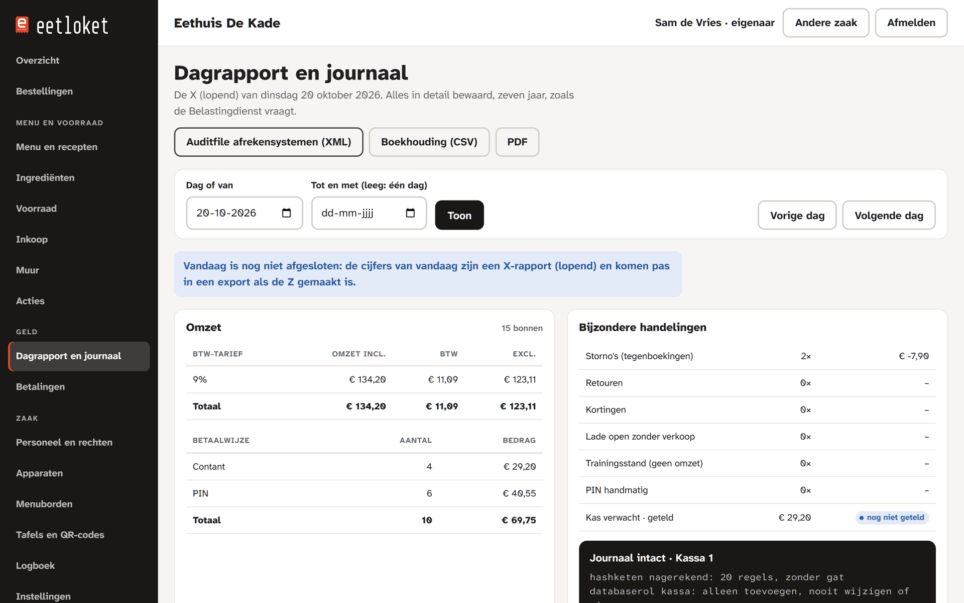Het dagrapport in de backoffice: omzet per btw-tarief en betaalwijze, exports als auditfile, CSV en PDF, en de melding dat het journaal intact is.