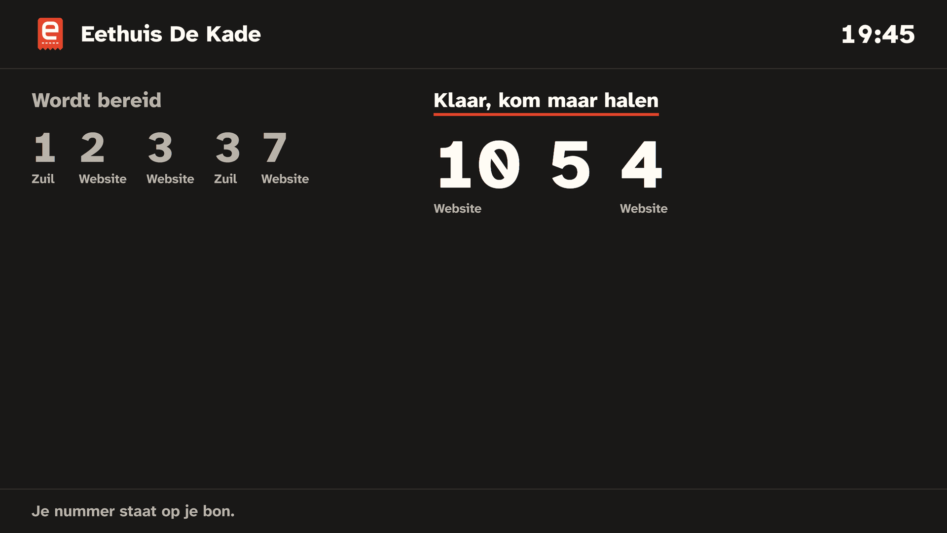 Het afhaalscherm: links de nummers die worden bereid, rechts onder 'Klaar, kom maar halen' het nummer van de nieuwe bestelling vooraan.