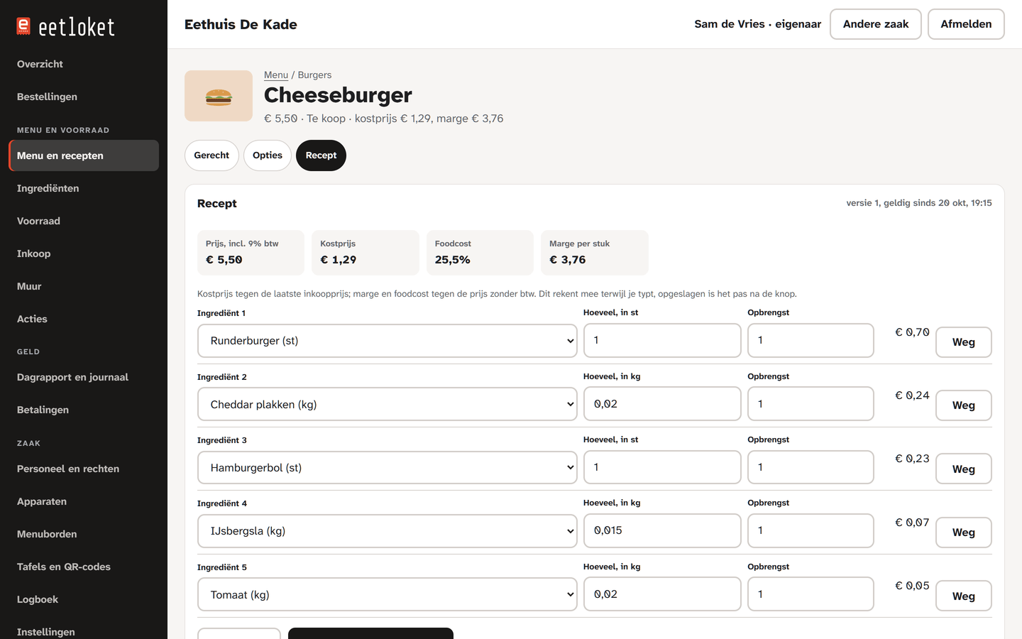 Een gerecht in de backoffice, op de tab Recept: prijs, kostprijs, foodcost en marge, en de ingrediënten met hun hoeveelheid.