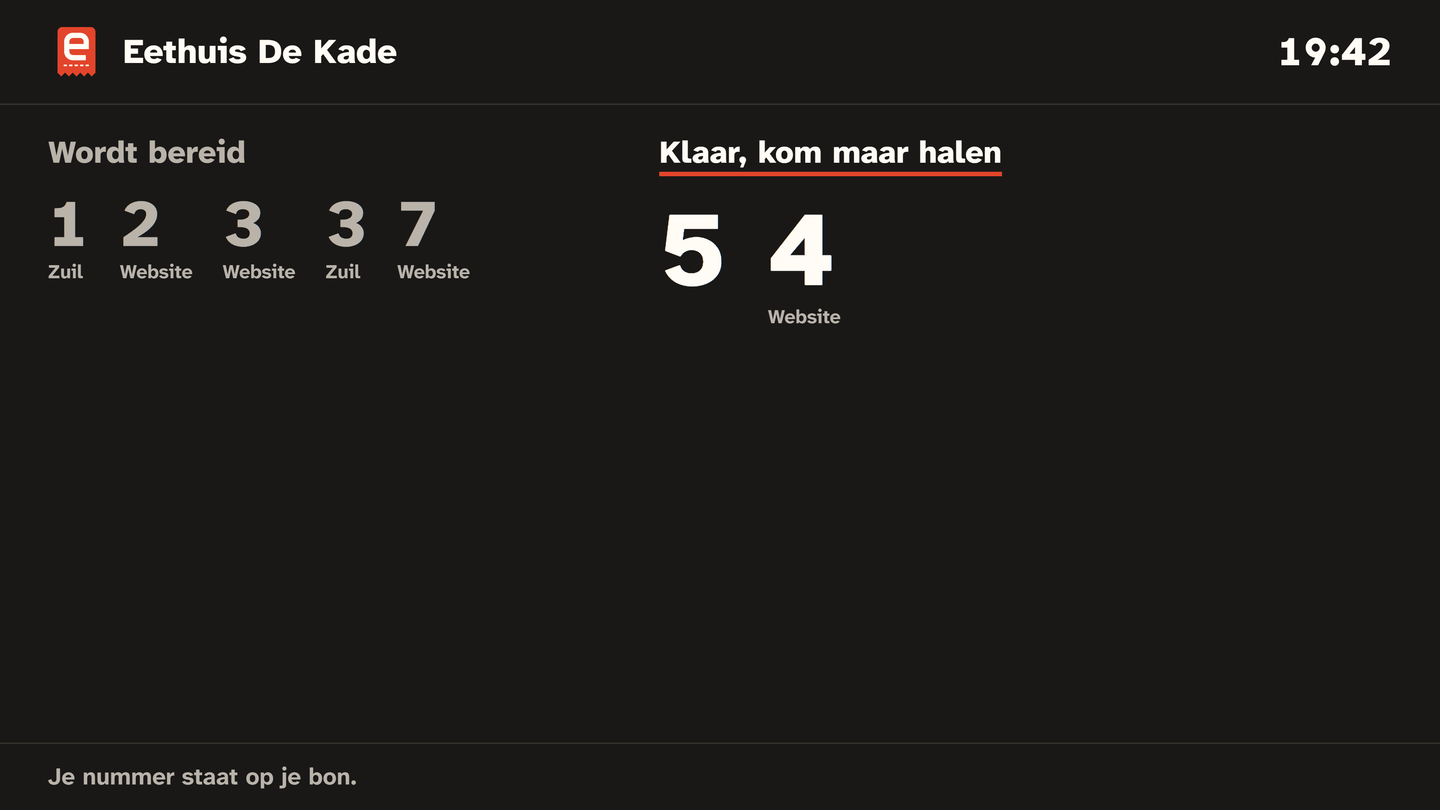 Het afhaalscherm met de nummers die in de maak zijn en die klaarstaan.