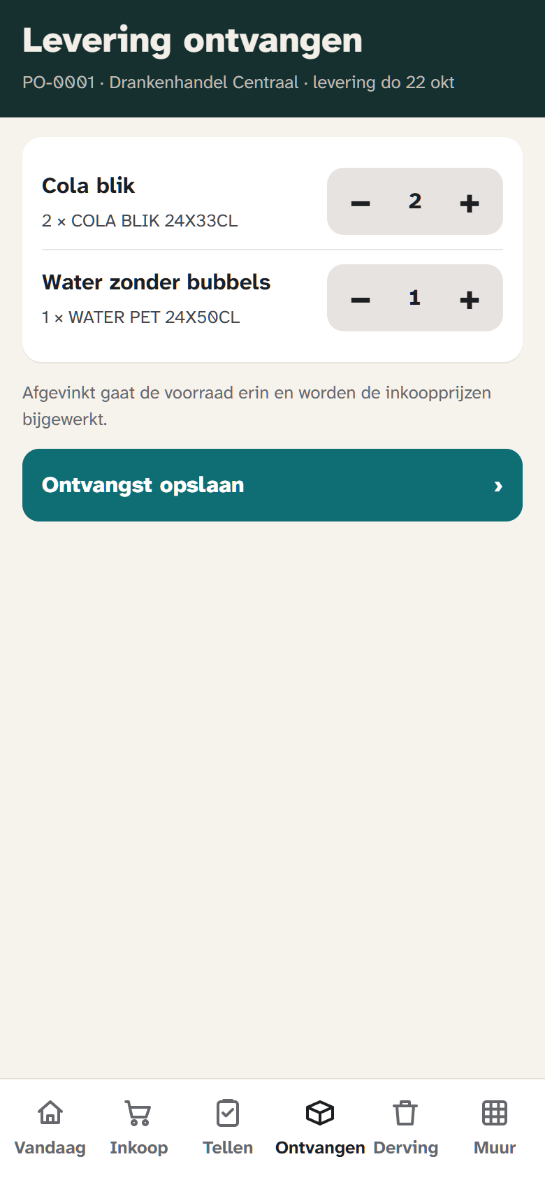 De manager-app bij Levering ontvangen: een inkooporder van een drankenhandel met per artikel het geleverde aantal en een knop om de ontvangst op te slaan.