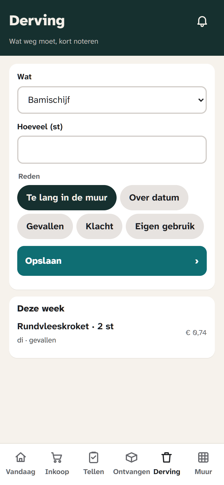 De manager-app bij Derving: een product, een aantal en een reden kiezen, met daaronder de derving van deze week.