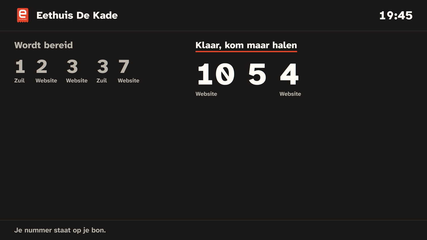 Het afhaalscherm met nummers die klaar zijn.